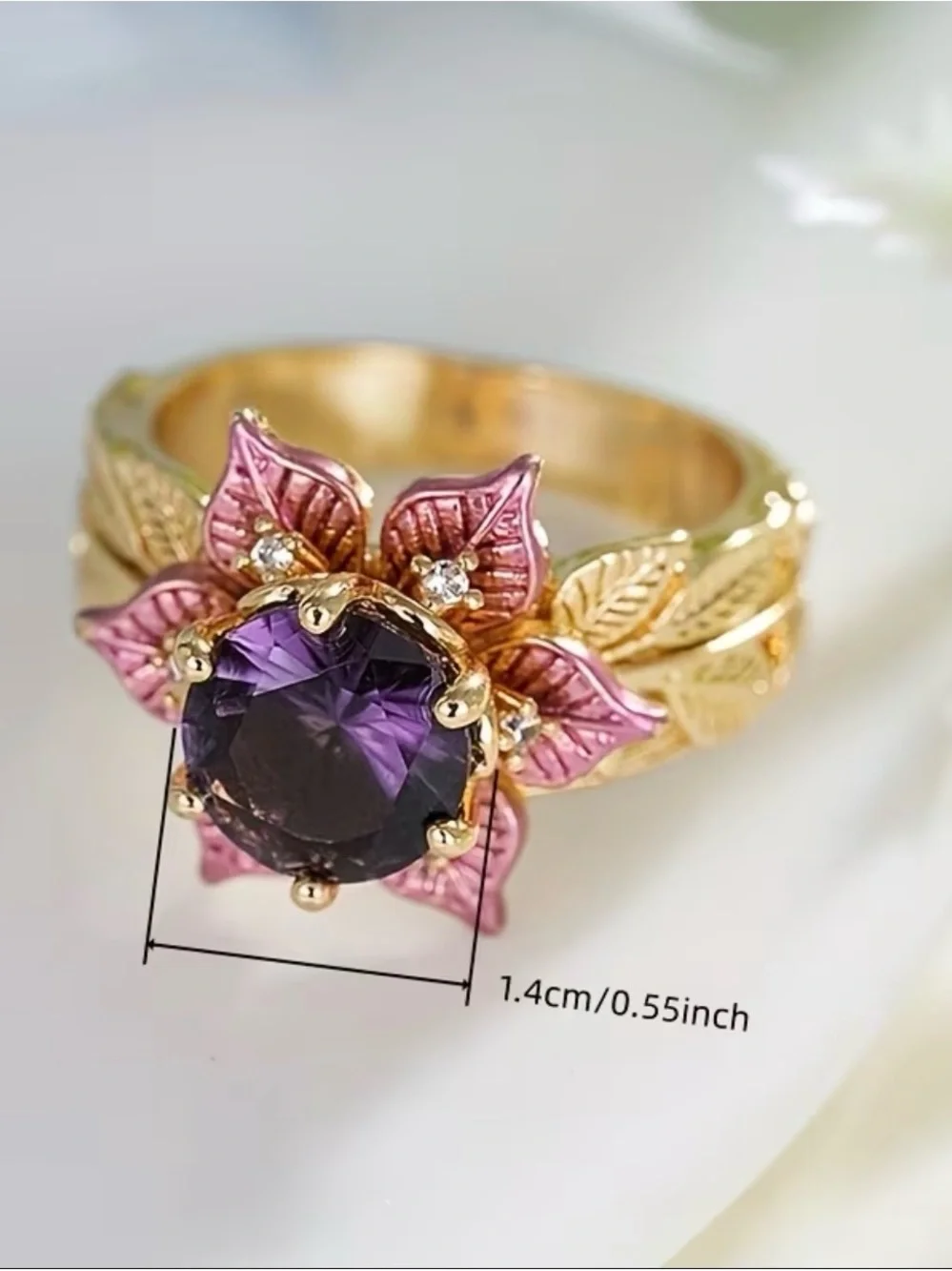 Gold-Tone Floral Amethyst Ring with Pink Petal Accents